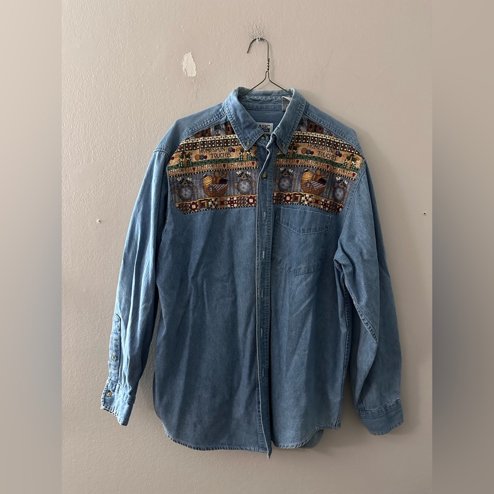 Vintage Basic Editions Blue Button Down Shirt Wit… - image 1